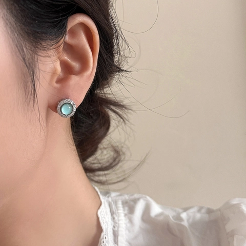 Round Cat's Eye Stone Stud Earrings With 925 Sterling Silver Earring Post And Cubic Zirconia Halo Copper For Women
