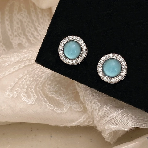 Round Cat's Eye Stone Stud Earrings With 925 Sterling Silver Earring Post And Cubic Zirconia Halo Copper For Women