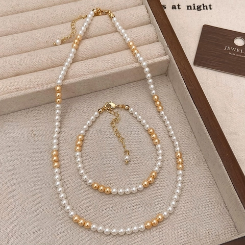 Elegante Retro Künstliche Perle Und Goldperle Halskette Und Armband Schmuck Für Damen Handgefertigt Nische Ästhetik