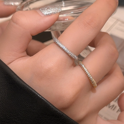 Adjustable Open Ring Copper Micro Pave Cubic Zirconia Double Row Minimalist Elegant Jewelry For Women
