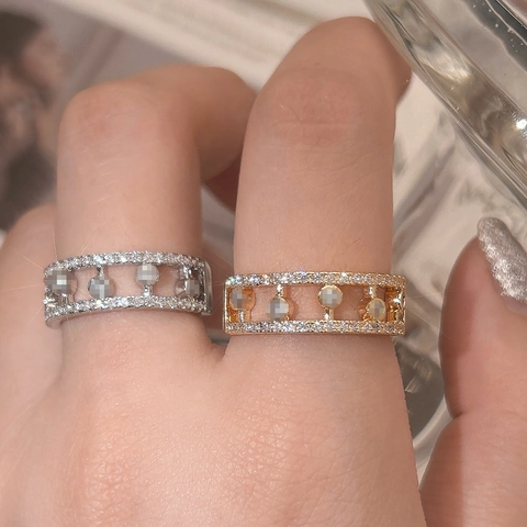Hollow Dewdrop Zircon Ring Copper With 14K Gold Plated Sliding Stones Geometric Frame Korean Style Adjustable Jewelry