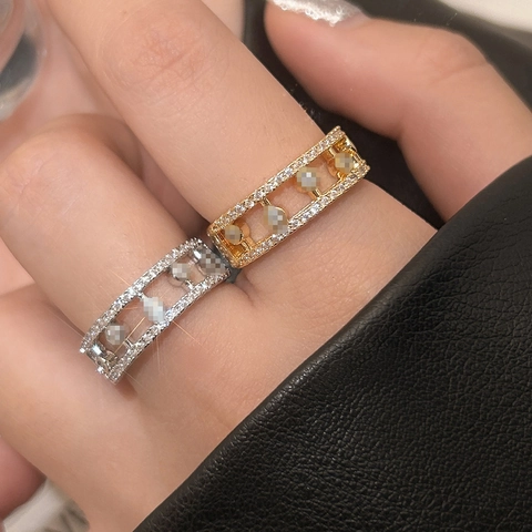 Hollow Dewdrop Zircon Ring Copper With 14K Gold Plated Sliding Stones Geometric Frame Korean Style Adjustable Jewelry
