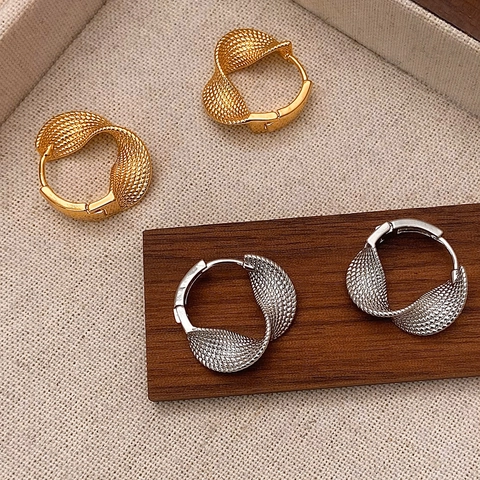 Twisted Hoop Earrings Pleated Woven Mesh Texture Metal Minimalist Retro Ear Buckles For Women Niche Design Jewelry