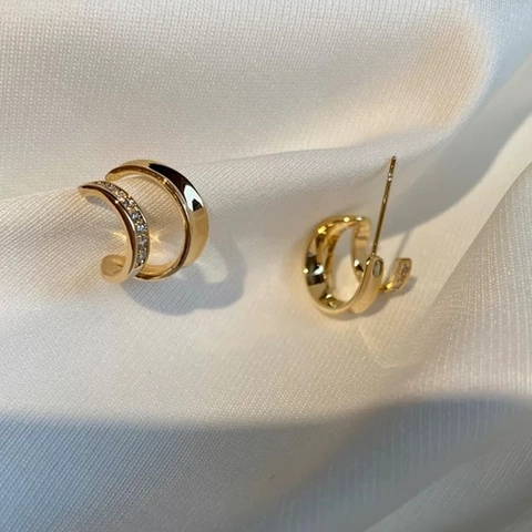 Elegant Double Layer C-Shaped Stud Earrings For Women Copper With Micro Paved Zirconia Minimalist Polished Gold Plated Niche Jewelry