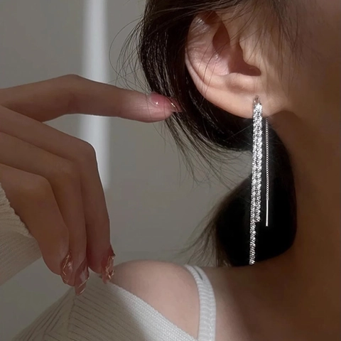 Long Tassel Drop Earrings Copper Zircon Sparkly Linear Chain Threader For Women Elegant Minimalist Jewelry