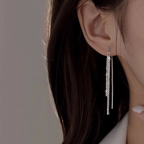 Long Tassel Drop Earrings Copper Zircon Sparkly Linear Chain Threader For Women Elegant Minimalist Jewelry