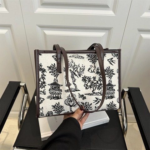 Borsa Tote in Tela con Stampa Paesaggio in Stile Cinese Vintage per Donna Borsa a Tracolla di Grande Capacità con Bordo in Pelle Sintetica