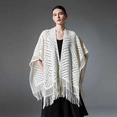 Women Hollow Out Knitted Tassel Poncho Shawl Acrylic Geometric Pattern Bohemian V Neck Loose Wrap Cape For Spring Autumn