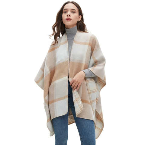 Poncho Scialle Da Donna In Imitazione Cashmere A Quadri Apertura Frontale Mantella Calda Invernale Elegante Maglia