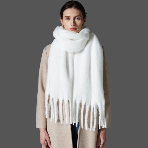 Extra Long Scarf Thick Knit Mohair Feel Fluffy Tassel Shawl Winter Warm Fashion Solid Color For Women