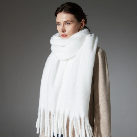 Extra Long Scarf Thick Knit Mohair Feel Fluffy Tassel Shawl Winter Warm Fashion Solid Color For Women
