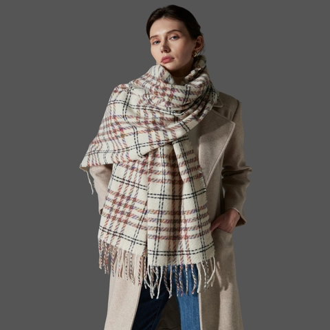 Women Plaid Scarf With Tassels Winter Warm Houndstooth Long Shawl Wrap Soft Polyester Knit Accessory
