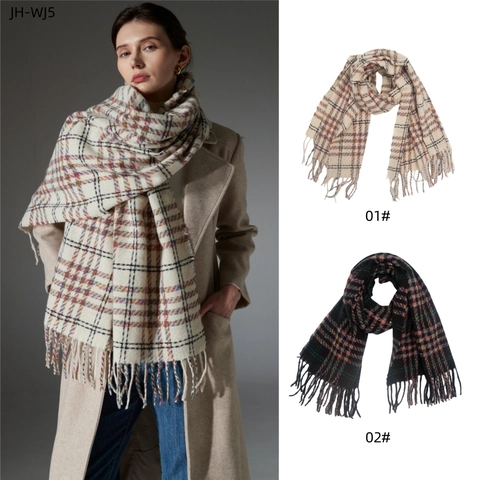 Women Plaid Scarf With Tassels Winter Warm Houndstooth Long Shawl Wrap Soft Polyester Knit Accessory