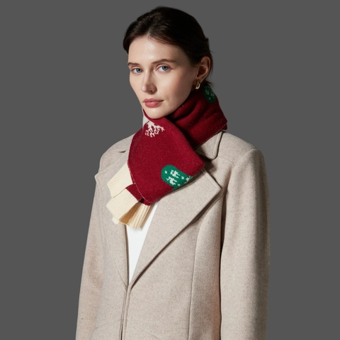 Sciarpa In Maglia Natalizia Festiva Rossa Motivo Renna Fiocco Di Neve Finto Cashmere Acrilico Accessorio Invernale