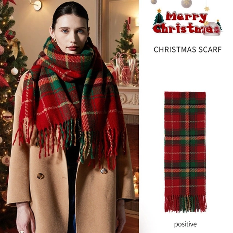 Damen Weihnachten Rot Grün Karomuster Schal Mit Quasten Verdickt Warm Winter Schultertuch Britischer Stil Polyester Tartan