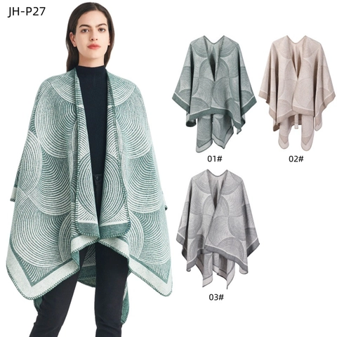 Women Geometric Jacquard Knitted Shawl With Wool And Polyester Poncho Open Front Sleeveless Winter Cape Accessory