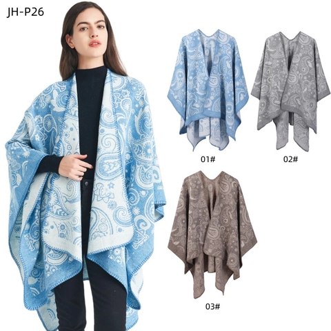 Women Wool Blend Poncho Shawl Vintage Paisley Jacquard Open Front Wrap Cape Warm Ethnic Outerwear