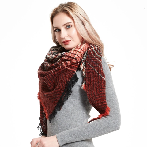 Women Triangle Scarf Shawl Polyester Thick Brushed Plaid Herringbone Tassels Warm Winter Retro Bohemian Wrap Accessory