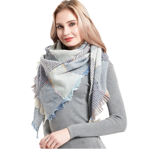 Women Triangle Scarf Plaid Pattern Thick Winter Shawl With Tassels And Colorful Nepps Polyester Wrap