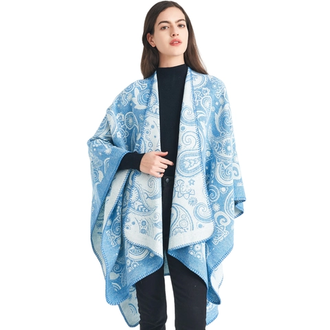 Women Wool Blend Poncho Shawl Vintage Paisley Jacquard Open Front Wrap Cape Warm Ethnic Outerwear