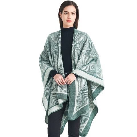 Women Geometric Jacquard Knitted Shawl With Wool And Polyester Poncho Open Front Sleeveless Winter Cape Accessory