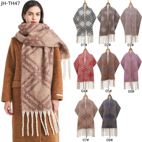 Checkered Jacquard Scarf Thickened Warm Winter Long Tassels Imitation Mohair Retro Geometric Plaid Wrap For Women