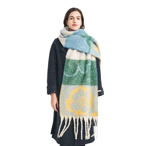 Verdickter Winterschal Jacquard Vierblattblumenmuster Fransenkante Color Block Warmer Schal Wickeltuch Für Damen