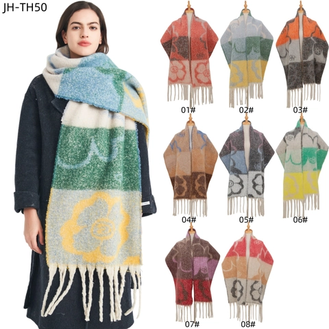 Verdickter Winterschal Jacquard Vierblattblumenmuster Fransenkante Color Block Warmer Schal Wickeltuch Für Damen