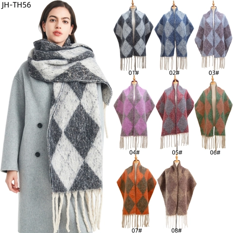 Winter Scarf Argyle Pattern Knitted Warm Long Tassel Thickened Retro Geometric Fashion Accessories Women Men
