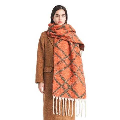 Women Warm Winter Plaid Jacquard Tassel Scarf Thick Soft Polyester Checkered Pattern Long Shawl Wrap Casual Fashion