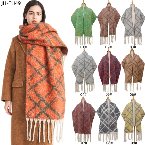 Women Warm Winter Plaid Jacquard Tassel Scarf Thick Soft Polyester Checkered Pattern Long Shawl Wrap Casual Fashion