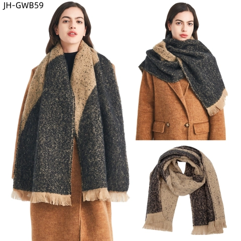 Écharpe Châle D'Hiver Pour Femmes Épais Chaud Bloc De Couleur Géométrique Fil Bouclé Jacquard Avec Glands Enveloppement Chic Doux