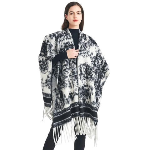 Femmes Poncho D'Hiver Cape Châle Franges Carreaux Motif Encre À L'Eau Chaud Polyester Accessoire De Mode Pour Dames