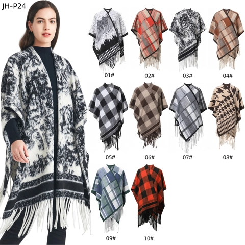 Femmes Poncho D'Hiver Cape Châle Franges Carreaux Motif Encre À L'Eau Chaud Polyester Accessoire De Mode Pour Dames