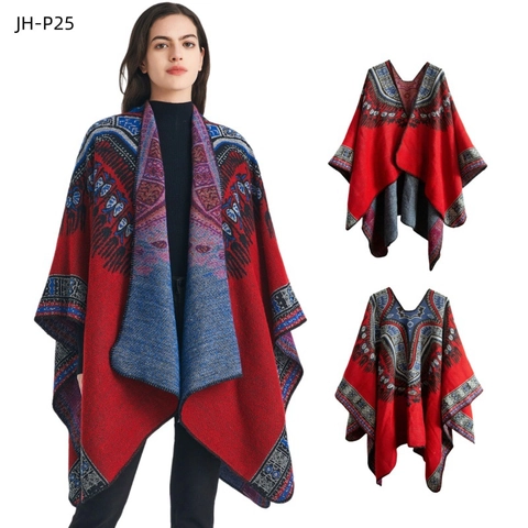 Women Ethnic Bohemian Jacquard Shawl Poncho Cloak Red Warm Acrylic Polyester Faux Cashmere Pattern Geometric Winter Wrap
