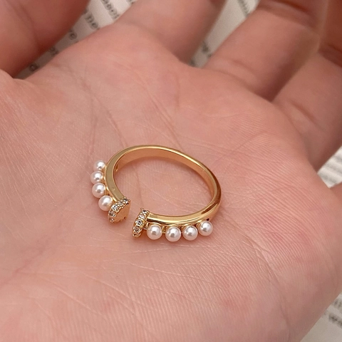 Verstellbarer Ring Mit Künstliche Perlen Und Zirkonia Gold Vergoldet Minimalistischer Französischer Stil Eleganter Schmuck