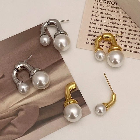 Orecchini A Perno Con Doppia Perla Artificial A Forma Di U Per Donna Rame Con Perno In Argento Sterling 925 Design Fronte Retro