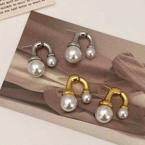 Orecchini A Perno Con Doppia Perla Artificial A Forma Di U Per Donna Rame Con Perno In Argento Sterling 925 Design Fronte Retro