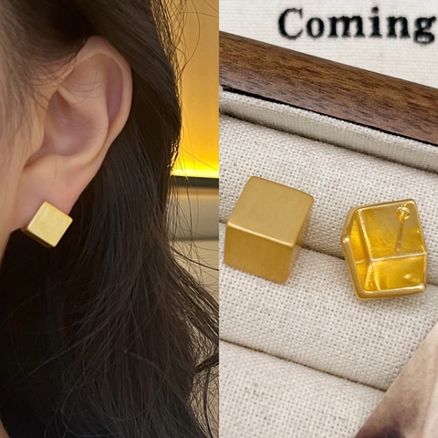 Boucles D'Oreilles Géométriques En Forme De Cube Carré Avec Tige En Argent Sterling 925 Cuivre Brossé Mat Bijoux Minimalistes