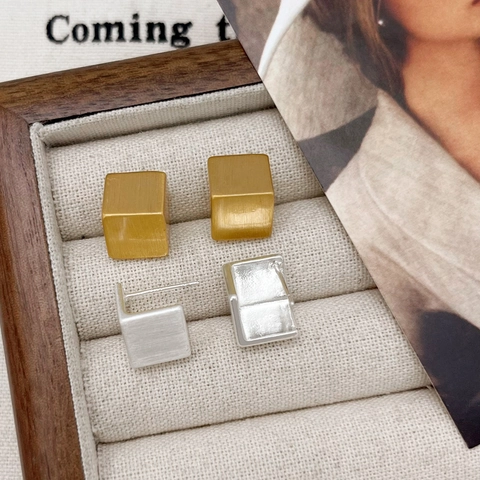 Boucles D'Oreilles Géométriques En Forme De Cube Carré Avec Tige En Argent Sterling 925 Cuivre Brossé Mat Bijoux Minimalistes