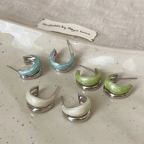 French Vintage Double Layer C Shaped Stud Earrings Enamel And 925 Sterling Silver Earring Post Simple Copper Jewelry