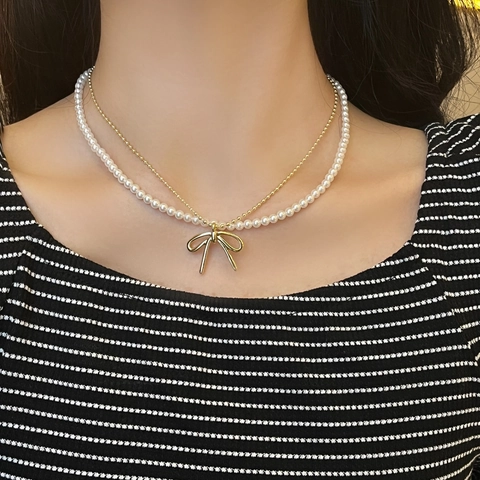 Elegant Bowknot Pendant Necklace Double Layer Copper Imitation Artificial Pearl Gold Silver Plated Choker For Women Party Jewelry Gift