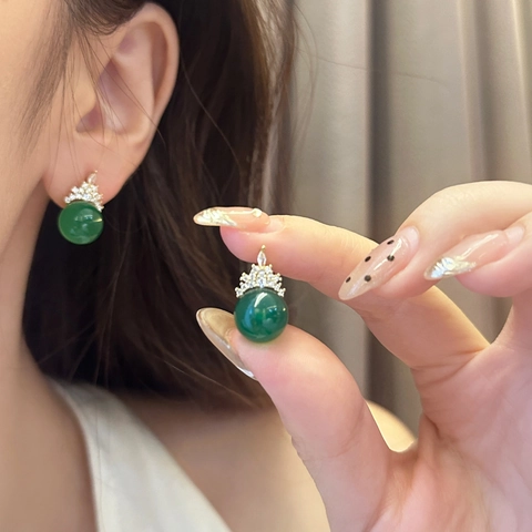 Pendientes De Botón Corona Circonita Calcedonia Verde Perla Redonda Cobre Chapado En Oro Elegante Mujer