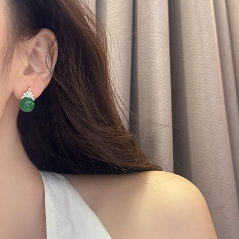 Pendientes De Botón Corona Circonita Calcedonia Verde Perla Redonda Cobre Chapado En Oro Elegante Mujer