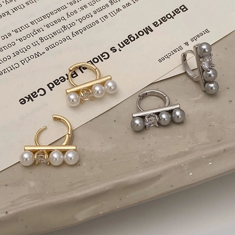 French Elegant Hoop Earrings With Artificial Pearl Zircon Copper 925 Sterling Silver Earring Post Fashion Jewelry For Women