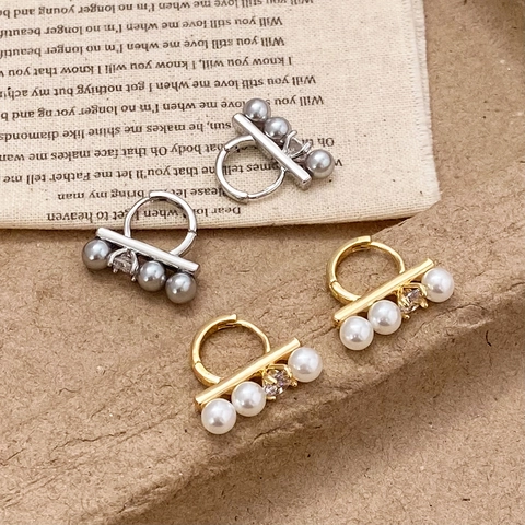 French Elegant Hoop Earrings With Artificial Pearl Zircon Copper 925 Sterling Silver Earring Post Fashion Jewelry For Women