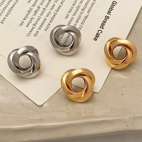 Knoop Oorbellen Vintage Vervlochten Triple Ring Verguld Koper Geometrische Oorknopjes Met Silver Earring Post Voor Dames