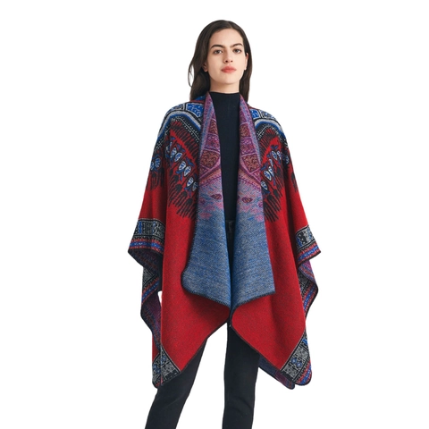 Women Ethnic Bohemian Jacquard Shawl Poncho Cloak Red Warm Acrylic Polyester Faux Cashmere Pattern Geometric Winter Wrap