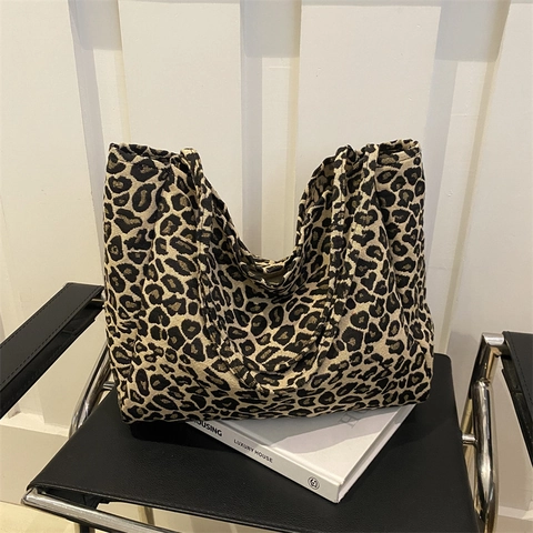 Dames Luipaardprint Corduroy Draagtas Grote Capaciteit Casual Schoudertas Vintage Stedelijk Minimalistisch Koreaanse Stijl