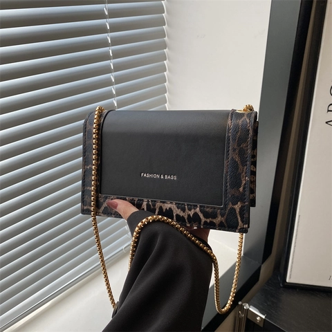 Chic Leopard Print Crossbody Bag PU Leather Gold Chain Splicing Small Shoulder Handbag For Women Modern Fashion